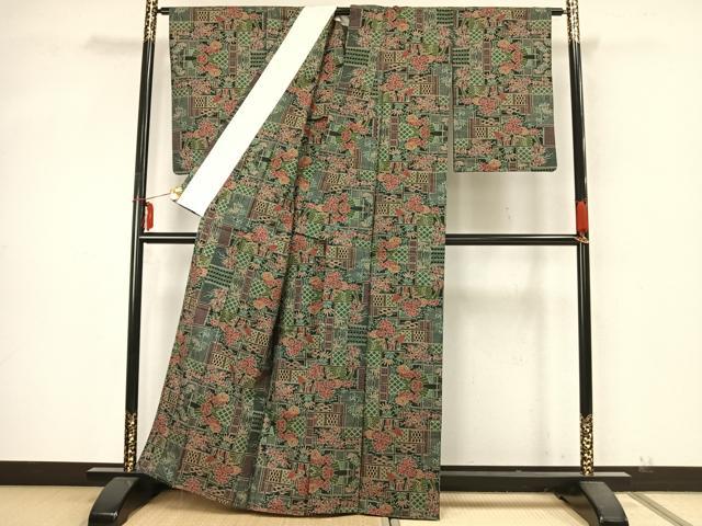 平和屋着物▽本場大島紬 単衣 7マルキ 草花文 正絹 逸品 AABA7533fy