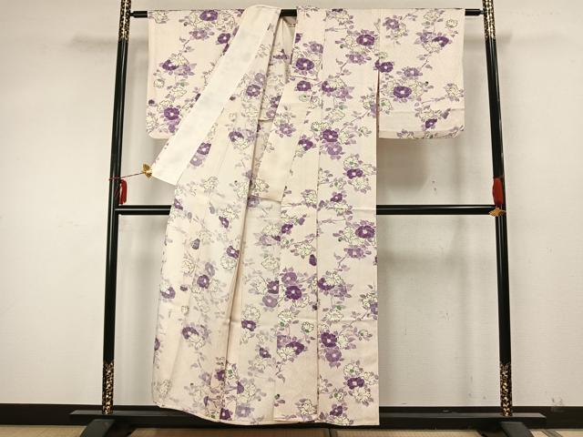平和屋着物▽上質な小紋 単衣 手描き 草花文 正絹 逸品 AABA7534fy