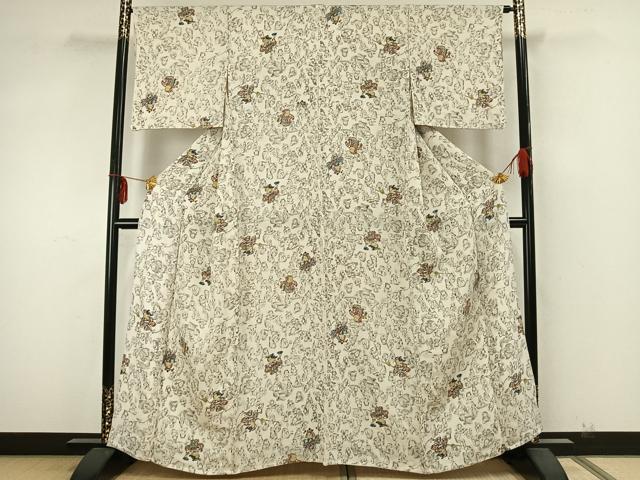 平和屋着物▽上質な小紋 単衣 人物文 鬼しぼ縮緬 正絹 逸品 AABA7542fy