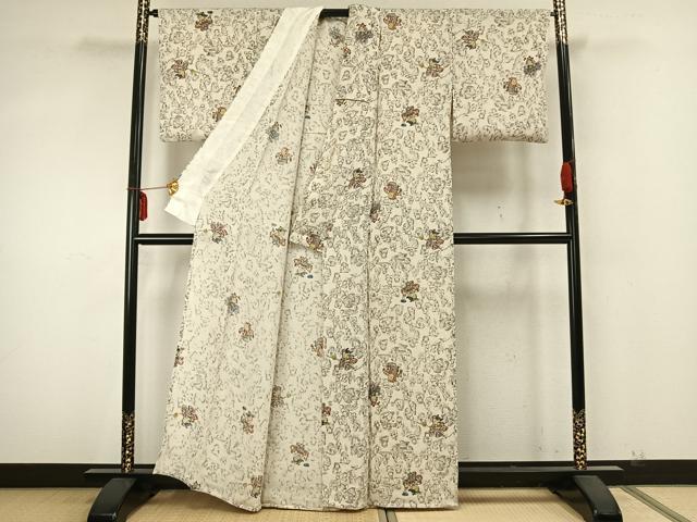 平和屋着物▽上質な小紋 単衣 人物文 鬼しぼ縮緬 正絹 逸品 AABA7542fy