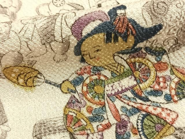 平和屋着物▽上質な小紋 単衣 人物文 鬼しぼ縮緬 正絹 逸品 AABA7542fy