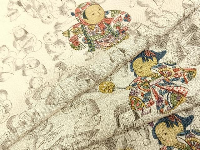 平和屋着物▽上質な小紋 単衣 人物文 鬼しぼ縮緬 正絹 逸品 AABA7542fy