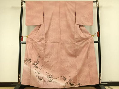 平和屋着物▽訪問着 単衣 紬地 手描き 枝花文 正絹 逸品 AABA7545fy