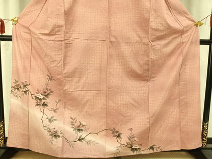 平和屋着物▽訪問着 単衣 紬地 手描き 枝花文 正絹 逸品 AABA7545fy