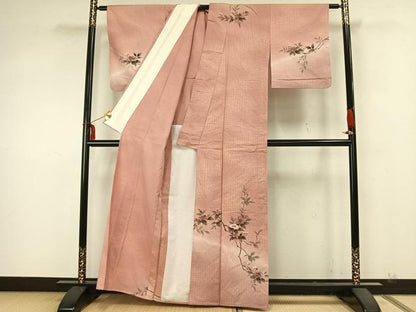 平和屋着物▽訪問着 単衣 紬地 手描き 枝花文 正絹 逸品 AABA7545fy