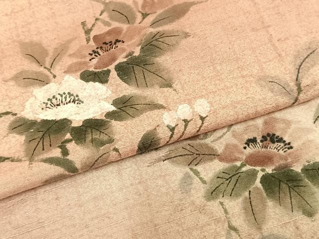 平和屋着物▽訪問着 単衣 紬地 手描き 枝花文 正絹 逸品 AABA7545fy
