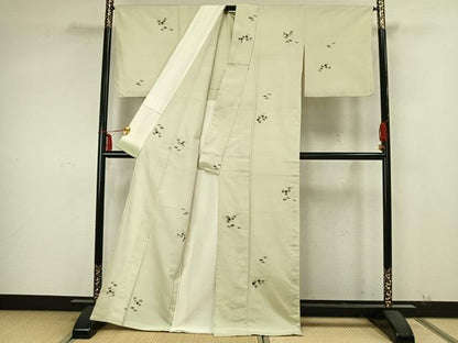 平和屋着物▽上質な紬 単衣 手描き 枝葉文 正絹 逸品 AABA7546fy