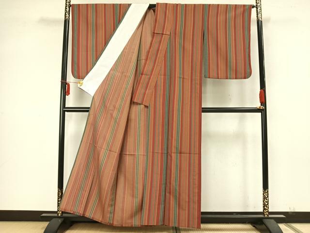 平和屋着物▽上質な小紋　単衣　縞　正絹　逸品　AABA7548fy