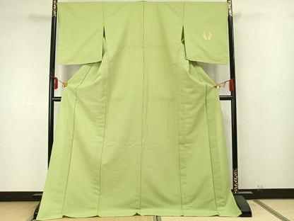 平和屋着物▽色無地 ワンポイント 単衣 若苗色 金彩 ロング丈 洗える着物 AABA7549fy