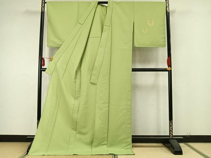 平和屋着物▽色無地 ワンポイント 単衣 若苗色 金彩 ロング丈 洗える着物 AABA7549fy