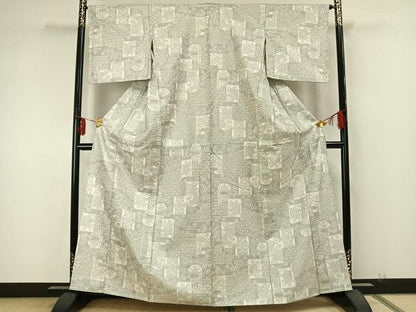 平和屋着物▽お召 単衣 色紙草花文 正絹 逸品 AABA7551fy