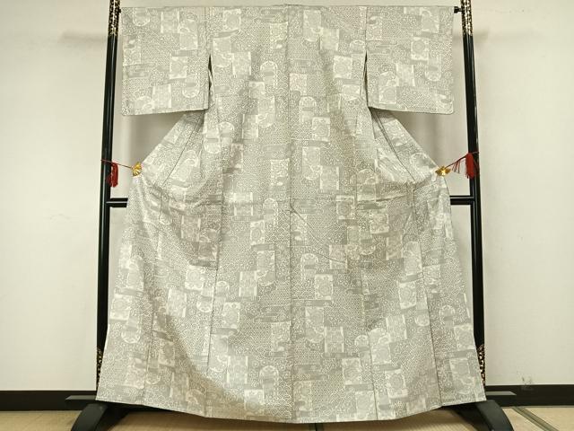 平和屋着物▽お召 単衣 色紙草花文 正絹 逸品 AABA7551fy