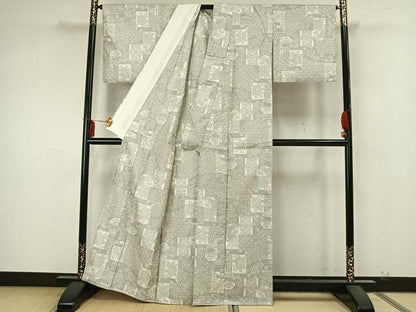 平和屋着物▽お召 単衣 色紙草花文 正絹 逸品 AABA7551fy
