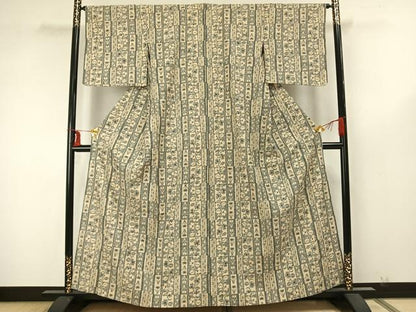 平和屋着物▽上質な紬 単衣 色紙草花文 正絹 逸品 AABA7554fy