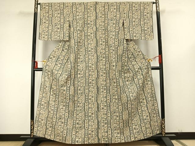 平和屋着物▽上質な紬 単衣 色紙草花文 正絹 逸品 AABA7554fy