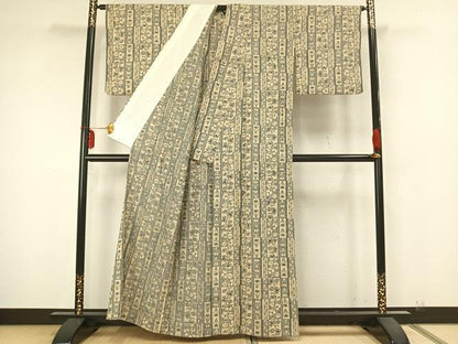平和屋着物▽上質な紬 単衣 色紙草花文 正絹 逸品 AABA7554fy