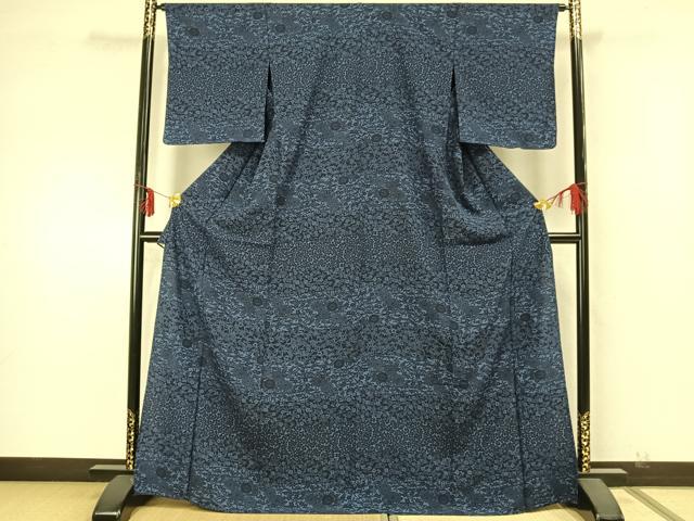平和屋着物▽上質な小紋 単衣 藍 型染め 横段草花文 正絹 逸品 未使用 AABA7559fy