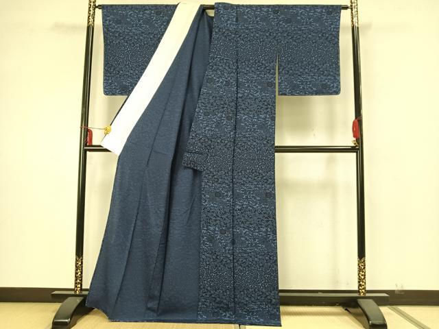 平和屋着物▽上質な小紋 単衣 藍 型染め 横段草花文 正絹 逸品 未使用 AABA7559fy