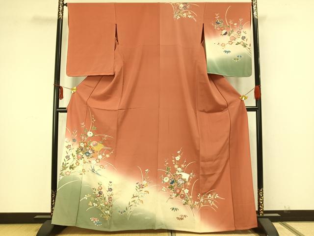 平和屋着物▽訪問着 単衣 地紙草花文 金彩 正絹 逸品 未使用 AABA7567fy