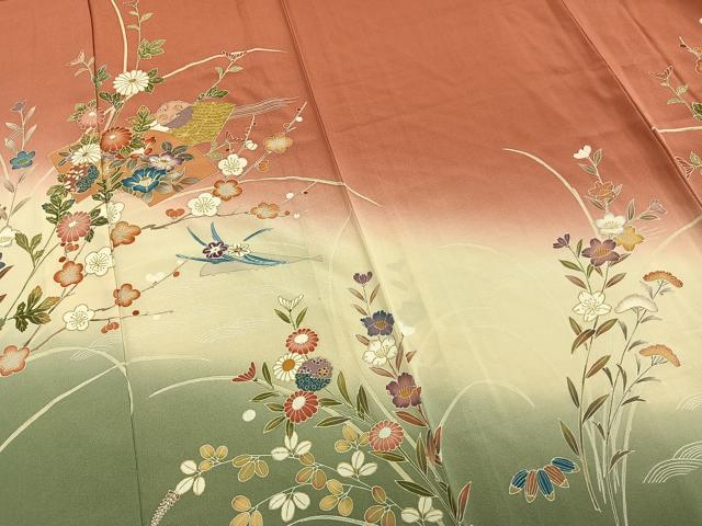 平和屋着物▽訪問着 単衣 地紙草花文 金彩 正絹 逸品 未使用 AABA7567fy