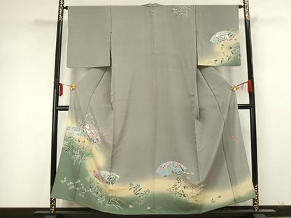 平和屋着物▽訪問着　単衣　作家文　地紙草花文　正絹　逸品　AABA7570fy