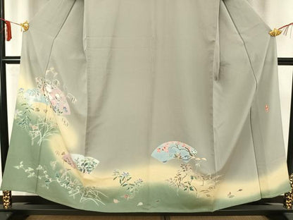 平和屋着物▽訪問着　単衣　作家文　地紙草花文　正絹　逸品　AABA7570fy