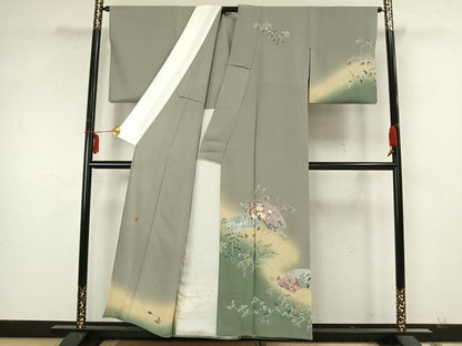 平和屋着物▽訪問着　単衣　作家文　地紙草花文　正絹　逸品　AABA7570fy