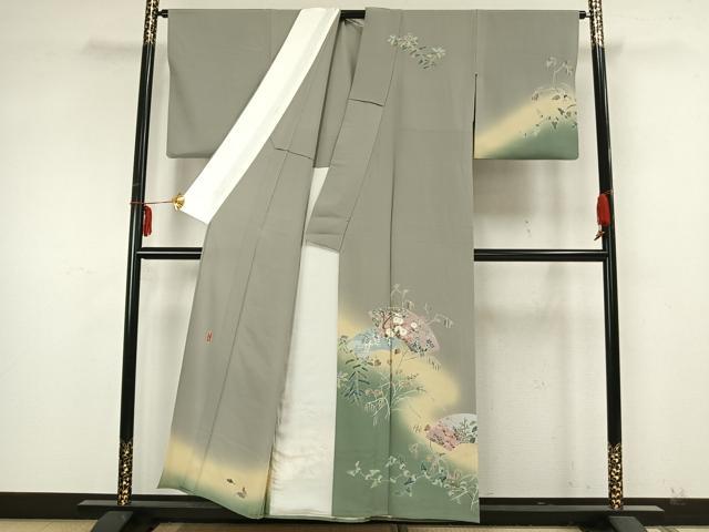 平和屋着物▽訪問着　単衣　作家文　地紙草花文　正絹　逸品　AABA7570fy