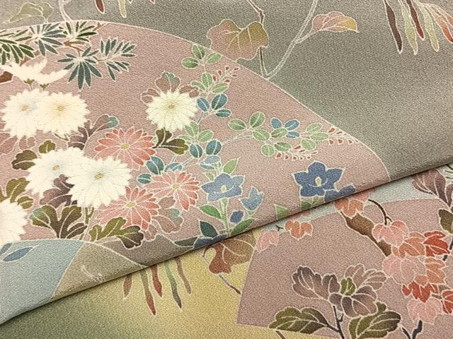 平和屋着物▽訪問着　単衣　作家文　地紙草花文　正絹　逸品　AABA7570fy