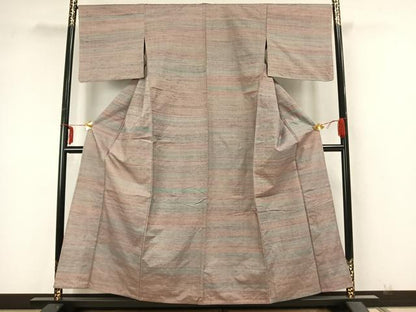平和屋着物▽紅花紬 米沢 単衣 横縞 正絹 逸品 AABA7574fy