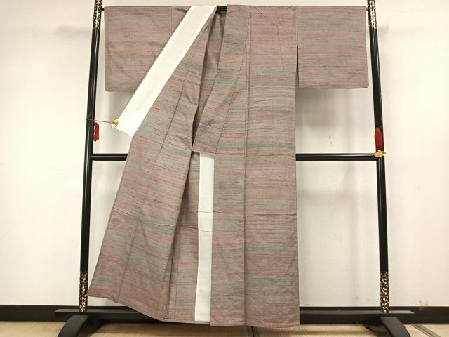 平和屋着物▽紅花紬 米沢 単衣 横縞 正絹 逸品 AABA7574fy