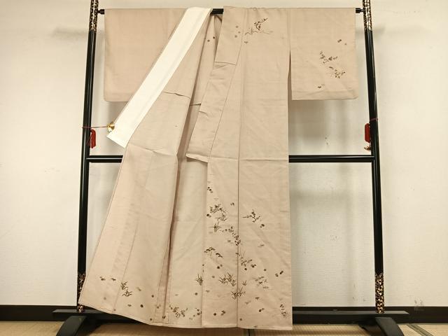 平和屋着物▽訪問着 単衣 生紬 総刺繍 草花文 金糸 反端付き 正絹 逸品 AABA7584fy