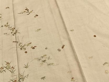 平和屋着物▽訪問着 単衣 生紬 総刺繍 草花文 金糸 反端付き 正絹 逸品 AABA7584fy