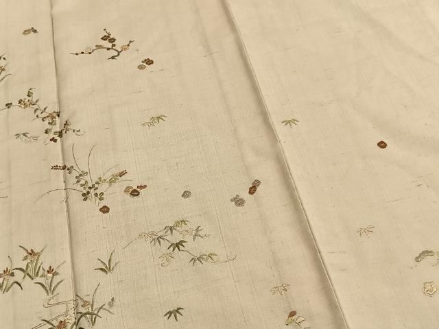 平和屋着物▽訪問着 単衣 生紬 総刺繍 草花文 金糸 反端付き 正絹 逸品 AABA7584fy
