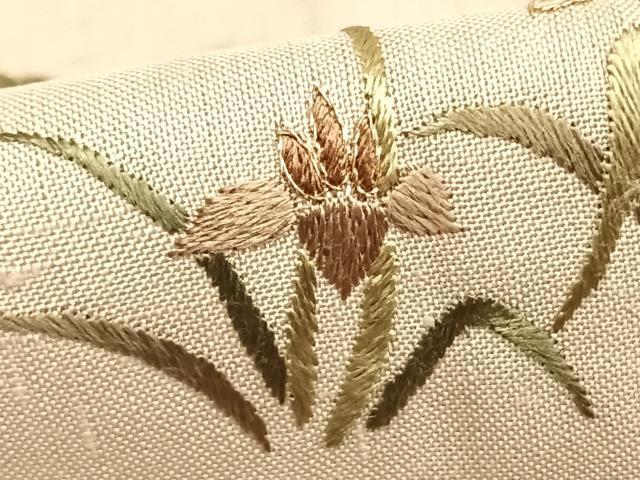 平和屋着物▽訪問着 単衣 生紬 総刺繍 草花文 金糸 反端付き 正絹 逸品 AABA7584fy