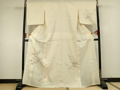 平和屋着物▽訪問着 単衣 生紬 手描き 草花文 正絹 逸品 AABA7585fy