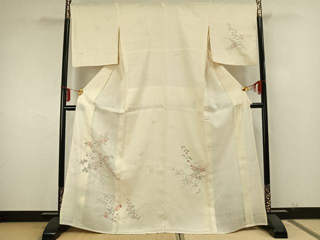 平和屋着物▽訪問着 単衣 生紬 手描き 草花文 正絹 逸品 AABA7585fy