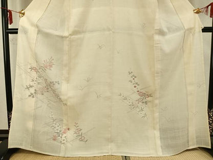 平和屋着物▽訪問着 単衣 生紬 手描き 草花文 正絹 逸品 AABA7585fy