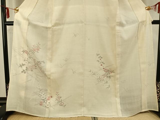 平和屋着物▽訪問着 単衣 生紬 手描き 草花文 正絹 逸品 AABA7585fy