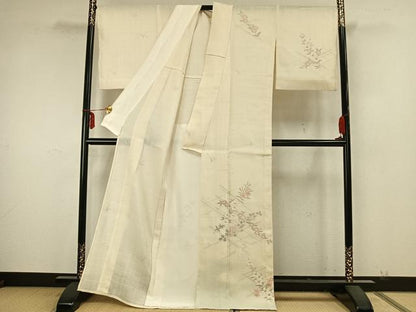 平和屋着物▽訪問着 単衣 生紬 手描き 草花文 正絹 逸品 AABA7585fy