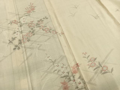 平和屋着物▽訪問着 単衣 生紬 手描き 草花文 正絹 逸品 AABA7585fy