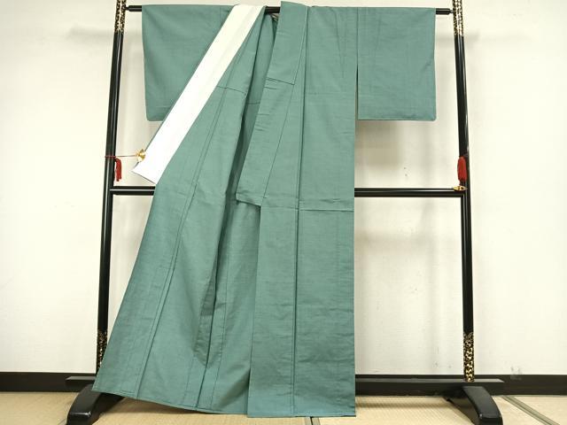 平和屋着物▽小千谷紬 単衣 色無地 薄青色 反端付き 正絹 逸品 未使用 AABA7591fy