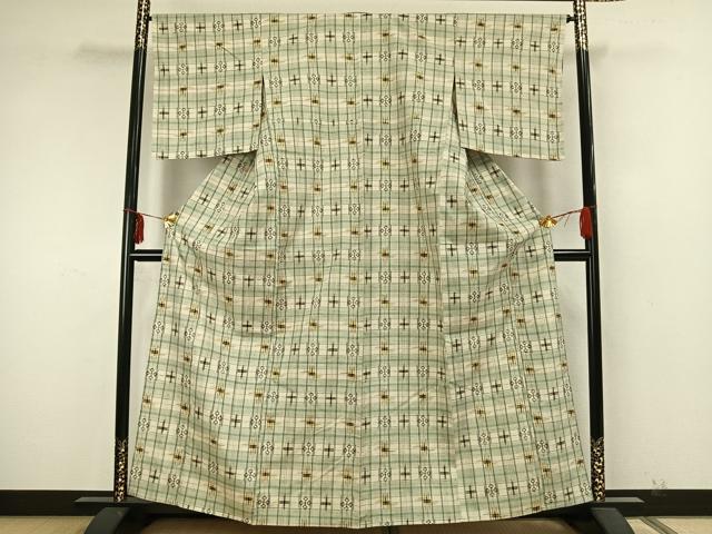 平和屋着物▽上質な紬 単衣 絣柄 正絹 逸品 未使用 AABA7592fy