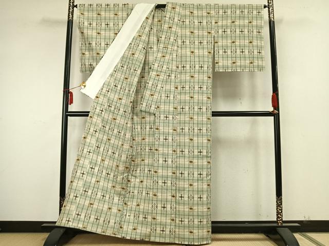 平和屋着物▽上質な紬 単衣 絣柄 正絹 逸品 未使用 AABA7592fy