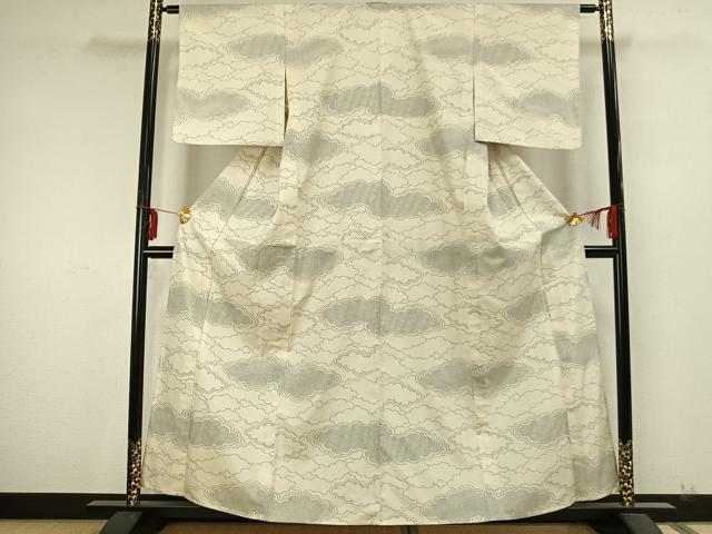 平和屋着物▽上質な紬　単衣　雲取り文　正絹　逸品　AABA7598fy