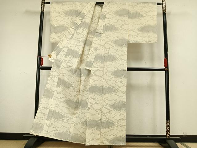 平和屋着物▽上質な紬　単衣　雲取り文　正絹　逸品　AABA7598fy