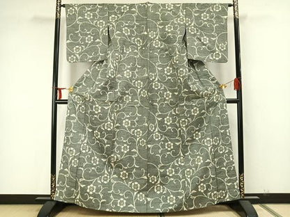 平和屋着物▽上質な紬 単衣 花唐草文 正絹 逸品 AABA7606fy