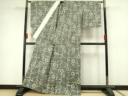 平和屋着物▽上質な紬 単衣 花唐草文 正絹 逸品 AABA7606fy