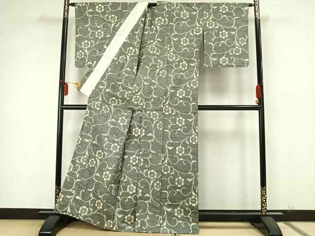 平和屋着物▽上質な紬 単衣 花唐草文 正絹 逸品 AABA7606fy
