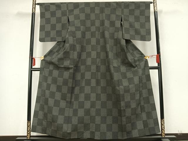 平和屋着物▽白鷹お召 単衣 白たか乃絣 あらと織 市松文様 反端付き 正絹 逸品 AABA7608fy